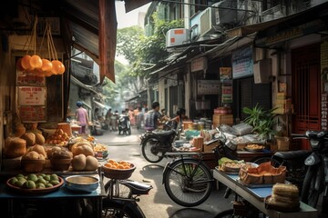 Street View of Hanoi with Bustling Crowd and Colorful Buildings