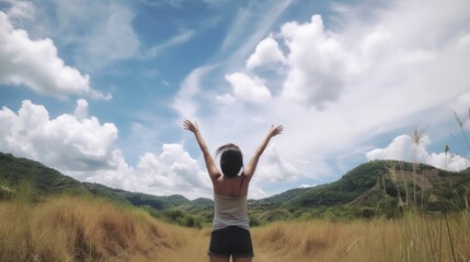 Rear view of woman with arms outstreched. Generative AI