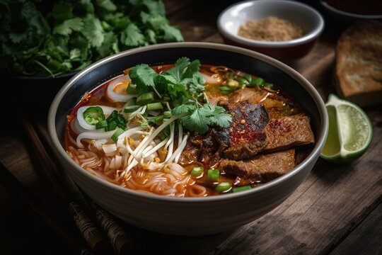 Bowl of Bun Bo Hue - A Spicy Beef Noodle Soup from Central Vietnam