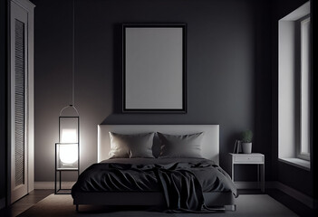 illustration of stylish modern dark black and gray bedroom with cozy bed and empty frame on wall. AI