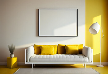 illustration of stylish modern yellow and white living room with cozy sofa and empty frame on wall. AI