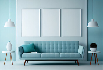 illustration of stylish modern tiffany blue living room with cozy sofa and empty frame on wall. AI