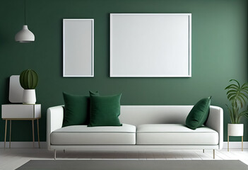 illustration of stylish modern green and white living room with cozy sofa and empty frame on wall. AI