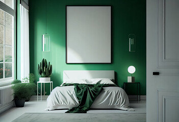 illustration of stylish modern green and white bedroom with cozy bed and empty frame on wall. AI