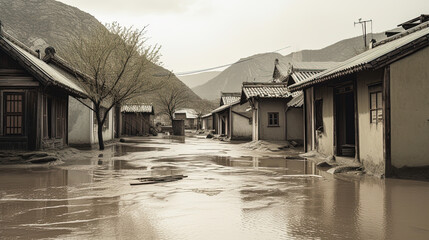 Flooded houses in a village. Generative AI