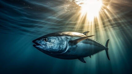Fototapeta premium Fishing in the sea. tuna fish underwater view. Generated AI