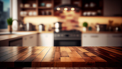 Rustic Farmhouse Kitchen - Empty Wooden Table with Out-of-Focus Lights Bokeh (Generative AI)