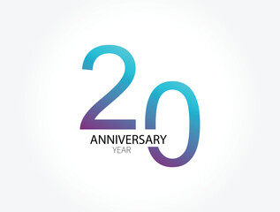 20th anniversary blue color vector design for birthday celebration, isolated on white background.