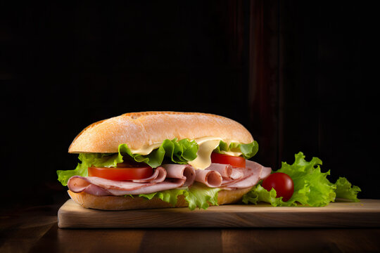 A sandwich with ham lettuce tomato and lettuce on a wooden board