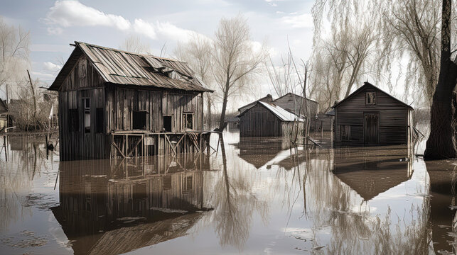 Flooded abandoned village. Generative AI