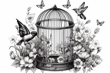 bird trapped in a cage surrounded by blooming flowers. Generative AI