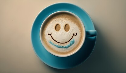 Aerial view of a coffee cup with a happy face