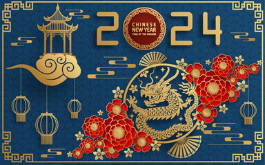 Happy chinese new year 2024 year of the chinese dragon zodiac with on color Background. ( Translation : happy new year, chinese dragon )