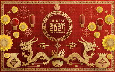 Happy chinese new year 2024 year of the chinese dragon zodiac with on color Background. ( Translation : happy new year, chinese dragon )