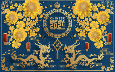 Happy chinese new year 2024 year of the chinese dragon zodiac with on color Background. ( Translation : happy new year, chinese dragon )