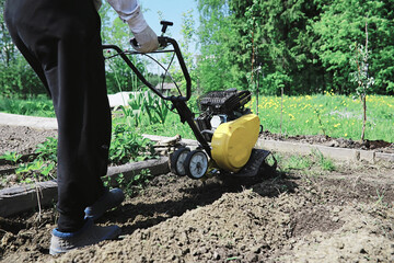 Fototapeta na wymiar The farmer is digging a garden. The harvester plows the garden. The gray-haired grandfather mows the garden.
