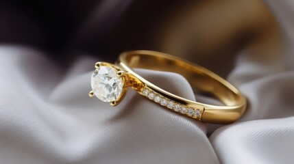 This image showcases a collection of luxurious gold rings with shimmering diamond accents on a soft white cloth background with a subtle soft focus effect. Each ring is a work of art with intricate de