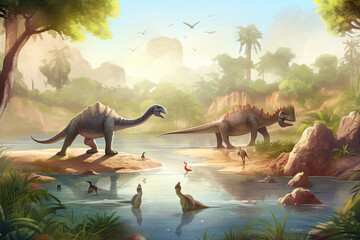 dinosaurs at watering hole