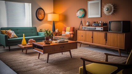 the room has a retro vibe, with a mix of vintage and modern furniture and decor that creates a timeless and sophisticated look.