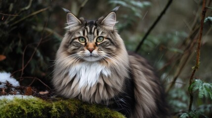 Naklejka na ściany i meble The Norwegian Forest Cat is a majestic and enigmatic feline breed that has been captivating cat lovers for centuries. This photographic journey takes you on a visual exploration of the beauty, grace, 