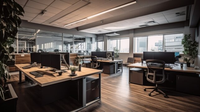 This image showcases an innovative office space that utilizes the latest advancements in ergonomics and generative AI to provide maximum comfort and productivity for employees