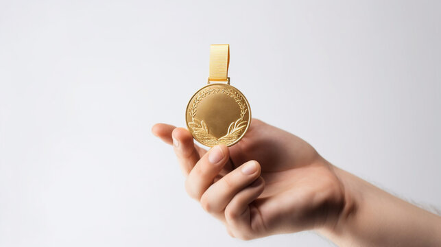 Male hand holding gold medal. isolated white background Generated AI