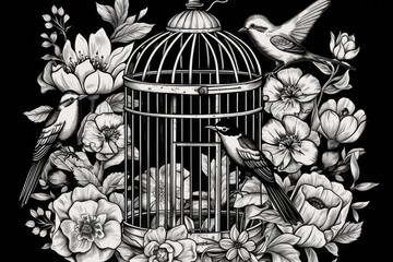 bird in a cage surrounded by blooming flowers. Generative AI