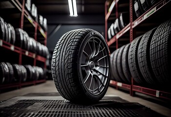 Obraz na płótnie Canvas Car tires and wheels at warehouse in tire store. Generative AI