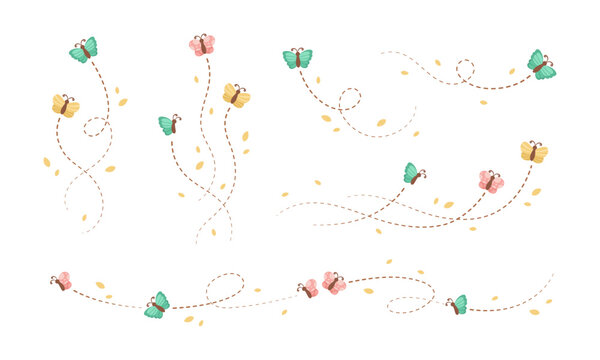 Flying Butterfly trail with dashed line route set. Nature Spring Summer Doodle Illustration Design Element