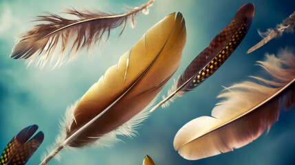 Beautiful Soft and Light  Fluffy Feathers Floating Sky. Swan Feather. Generative AI