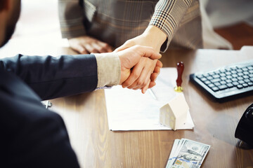 Businessman and woman shake hands as hello in office closeup. Friend welcome, introduction, greet or thanks gesture, product advertisement, partnership approva