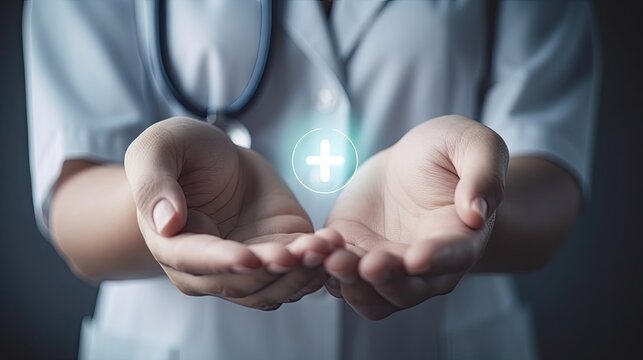 Hands holding plus and healthcare medical icon. Generative AI