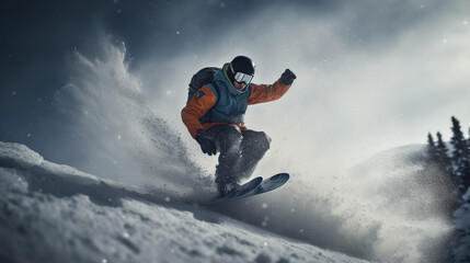 Naklejka na ściany i meble Snowboarder jumping through air Generated AI