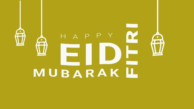 Eid Mubarak text animation , Eid Al Fitri Happy holiday. Eid mubarak on yellow background with element lantern