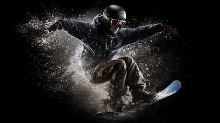 Snowboarder jumping through air isolated on black background Generated AI