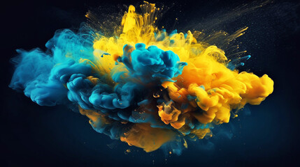 ink in the water. A splash  blue and yellow  paint. Abstract background color. Generative AI