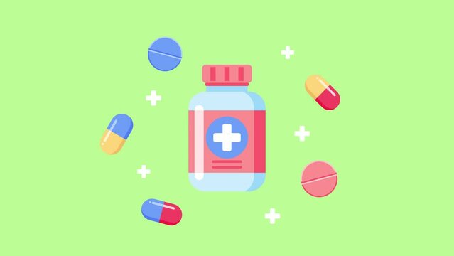 Medicine bottle and a few pills and capsules animation with a green screen