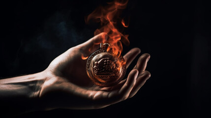 and holding up trophy medal. Winner in a competition. Fire and energy Generated AI