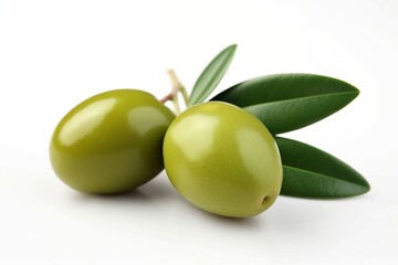 Two green olive fruits with leaves close-up on a white background. Macro, source of oil, healthy food concept. Image is AI generated.