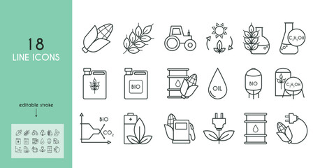 Biofuel set of icons. Corn, wheat, ethanol, tractor, oil, canister, barrel of fuel. Vector simple illustration
