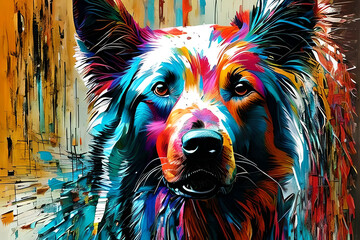 Contemporary acrylic painting fine art illustration of abstract close up of a dog face artistic print digital art. Oil painting watercolor painting. Generative AI.