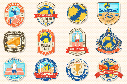 Set of Volleyball club emblem, patch, sticker. Vector illustration. For college league sport club emblem, sign, logo. Vintage label, sticker, patch with volleyball ball, player silhouettes.