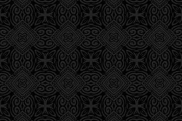 Embossed ethnic black background, cover design. Geometric elegant 3D handmade pattern, press paper, leather. Tribal motifs of the East, Asia, India, Mexico, Aztecs, Peru.