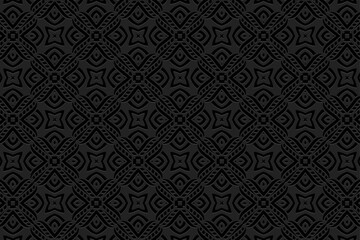 Embossed ethnic black background, cover design. Geometric decorative 3D handmade pattern, press paper, leather. Tribal motifs of the East, Asia, India, Mexico, Aztecs, Peru.