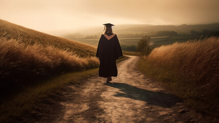 Fototapeta premium woman graduation, mystery path way road success career Generated AI