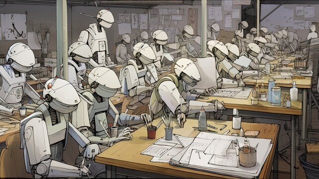 Conceptual image of Robots working for Human, Artificial intelligence, AI Drawing Robot, Generative AI Technology