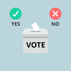 Voting concept vector. Yes or No. Putting paper in ballot box. Flat design on light blue background.