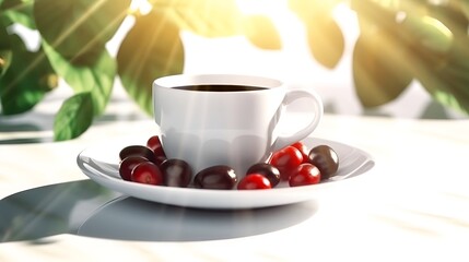 Fototapeta premium Beautiful espresso coffee in white coffee cup with cherries