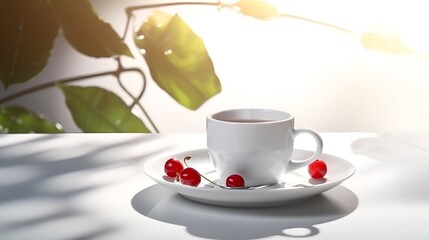 Obraz na płótnie Canvas Beautiful espresso coffee in white coffee cup with cherries