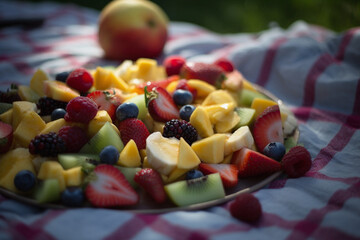 Delicious fruit salad in a bowl on a picnic blanket, made with generative AI